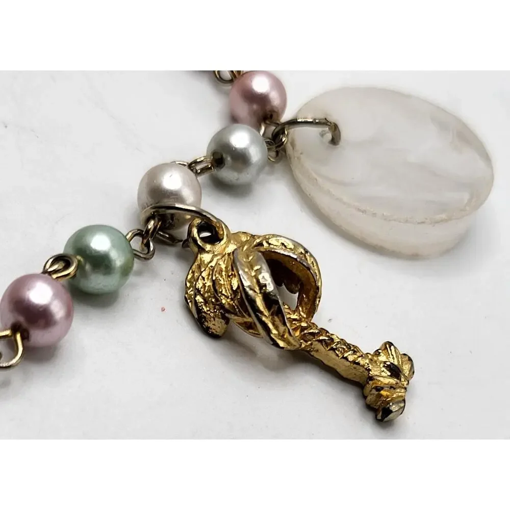 Vintage Charm Bracelet Ocean Nautical Seahorse Palm Trees Alligator Fish Pearl - Picture 7 of 11